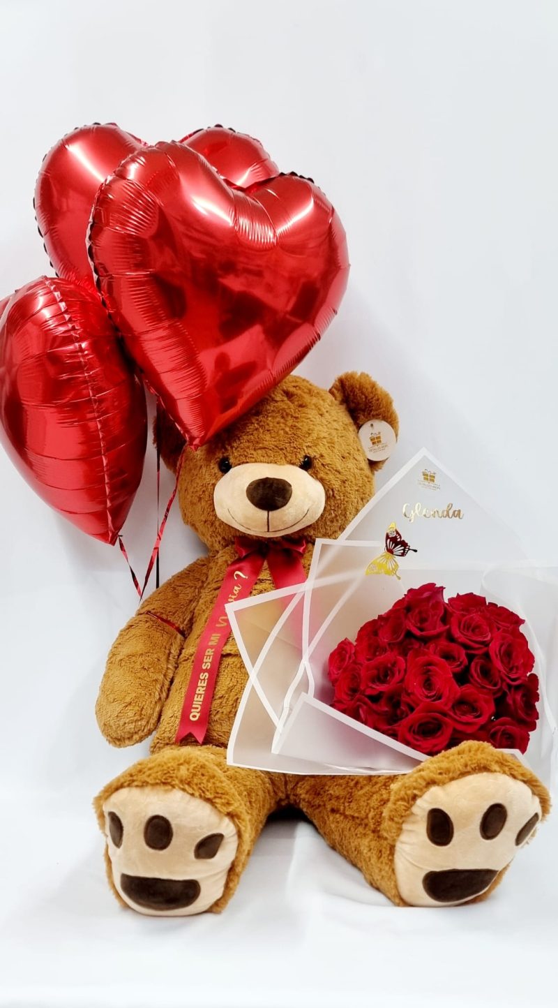 Oso Teddy Con Globos & Rosas